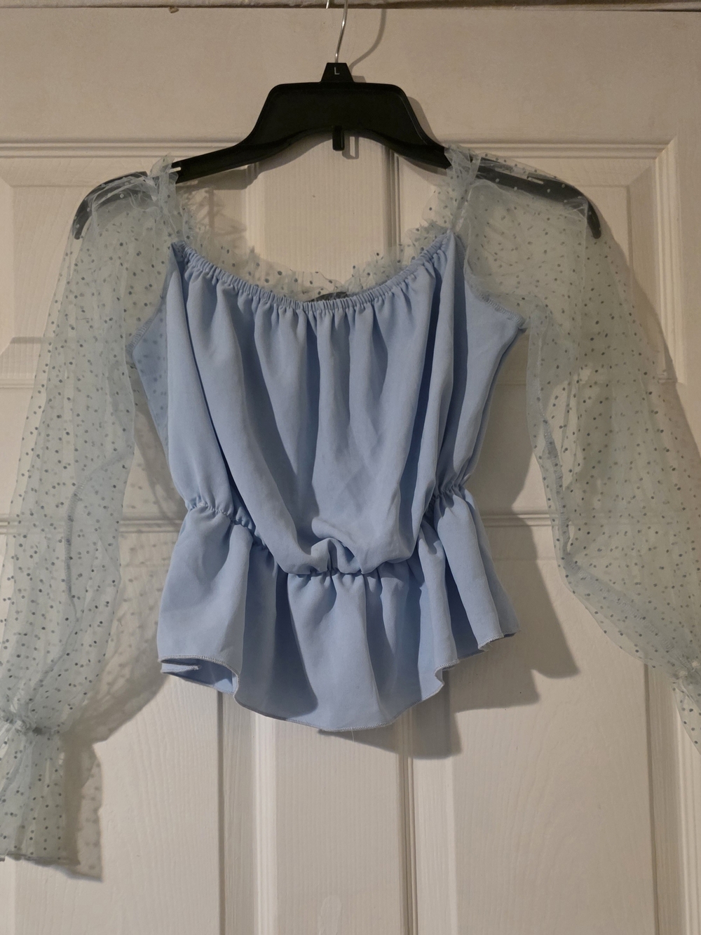 SHEIN Light Blue Peplum Top with Sheer Polka Dot Sleeves